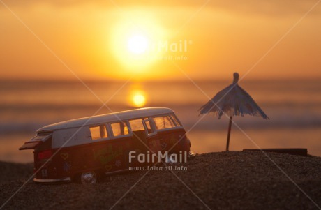 Fair Trade Photo Beach, Bus, Closeup, Evening, Horizontal, Outdoor, Peru, Sea, South America, Sunset, Transport, Travel, Umbrella