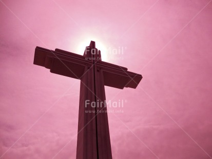 Fair Trade Photo Architecture, Backlit, Building, Christianity, Colour image, Cross, Horizontal, Outdoor, Peru, Red, Religion, Religious object, Sky, South America, Spirituality, Sun