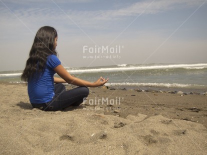 Fair Trade Photo 15-20 years, Activity, Beach, Colour image, Horizontal, Latin, Meditating, One girl, Outdoor, People, Peru, Portrait fullbody, Relaxing, Sand, Sea, South America, Spirituality, Wellness, Yoga