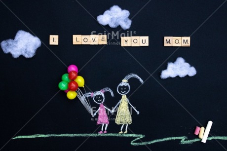 Fair Trade Photo Activity, Balloon, Blackboard, Chalk, Child, Cloud, Draw, Drawing, Girl, Letter, Mom, Mother, Mothers day, Nature, Object, People, Sister, Text