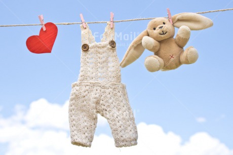 Fair Trade Photo Birth, Blue, Chachapoyas, Cloth, Clouds, Colour image, Hanging wire, Heart, Horizontal, New baby, Peg, Peluche, Peru, Red, Sky, South America, White