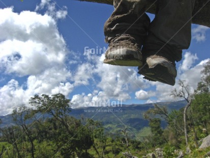 Fair Trade Photo Artistique, Closeup, Clouds, Colour image, Day, Horizontal, Mountain, Nature, Outdoor, Peru, Scenic, Shoe, Sky, South America, Travel, Tree