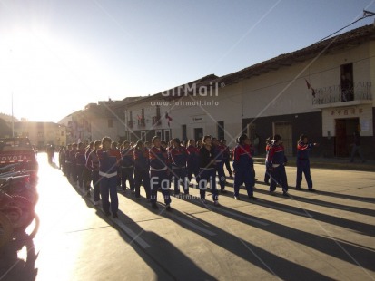 Fair Trade Photo Activity, Backlit, Blue, Ceremony, Clothing, Colour image, Dailylife, Education, Group of girls, Horizontal, Outdoor, People, Peru, Portrait fullbody, Red, School, South America, Sport, Streetlife, Together, Uniform, Walking