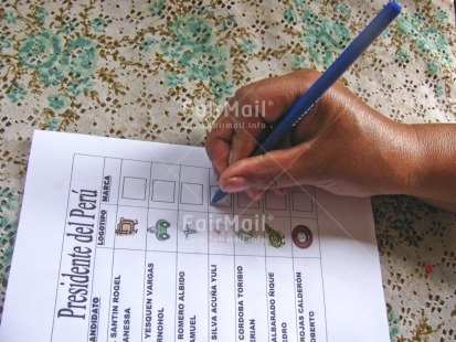 Fair Trade Photo Activity, Colour image, Democracy, Hand, Horizontal, Human rights, Multi-coloured, Pen, People, Peru, South America, Streetlife, Trust, Voting, Writing