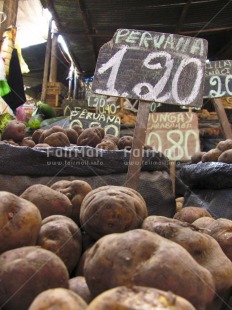 Fair Trade Photo Colour image, Dailylife, Focus on foreground, Food and alimentation, Market, Multi-coloured, Outdoor, Peru, Potatoe, South America, Vertical