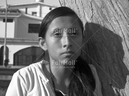 Fair Trade Photo 15-20 years, Activity, Black and white, Horizontal, Looking away, One girl, People, Peru, Portrait halfbody, Shadow, South America, Street, Streetlife, Tree