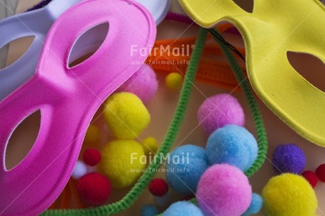 Fair Trade Photo Closeup, Colour image, Horizontal, Indoor, Invitation, Mask, Multi-coloured, Party, Peru, Pink, South America, Studio, Tabletop, Yellow