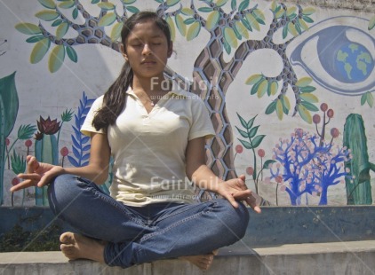 Fair Trade Photo 15-20 years, Activity, Casual clothing, Clothing, Colour image, Day, Horizontal, Latin, Meditating, One girl, Outdoor, People, Peru, South America, Street, Streetlife, Wellness, Yoga
