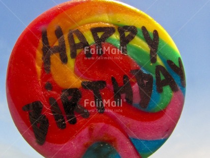 Fair Trade Photo Birthday, Closeup, Colour image, Day, Horizontal, Letter, Lollypop, Multi-coloured, Outdoor, Peru, South America